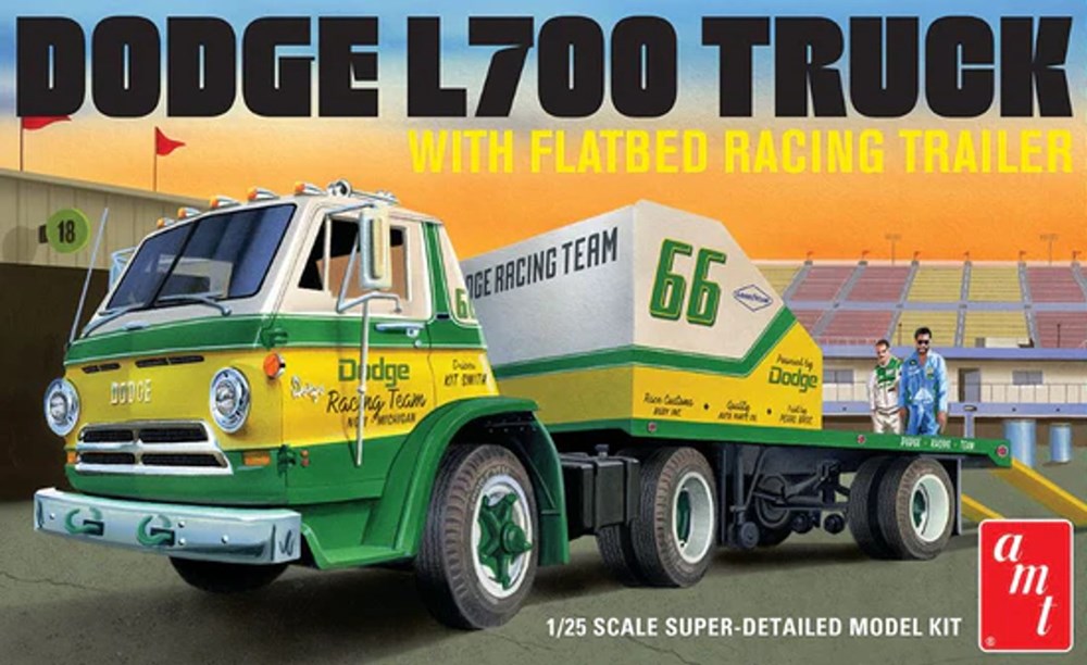 AMT 1368 1:25 1966 Dodge L700 Truck with Flatbed Racing Trailer