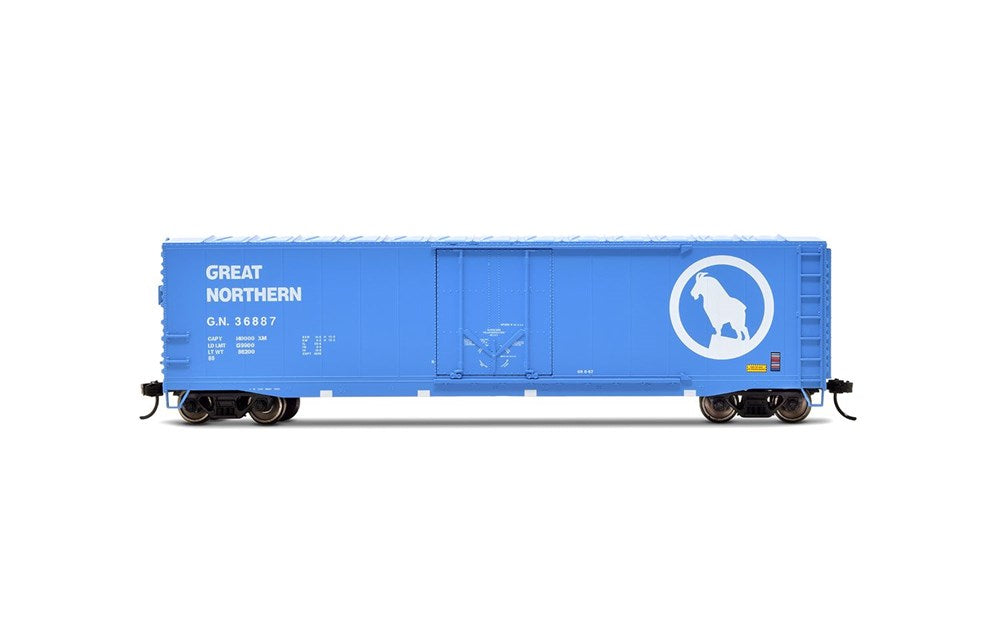 Rivarossi HR6634D HO 50' Plug-Door Boxcar No Roofwalk - Ready to Run -- Great Northern #36887 (Big Sky Blue, white, Large Rocky Logo)