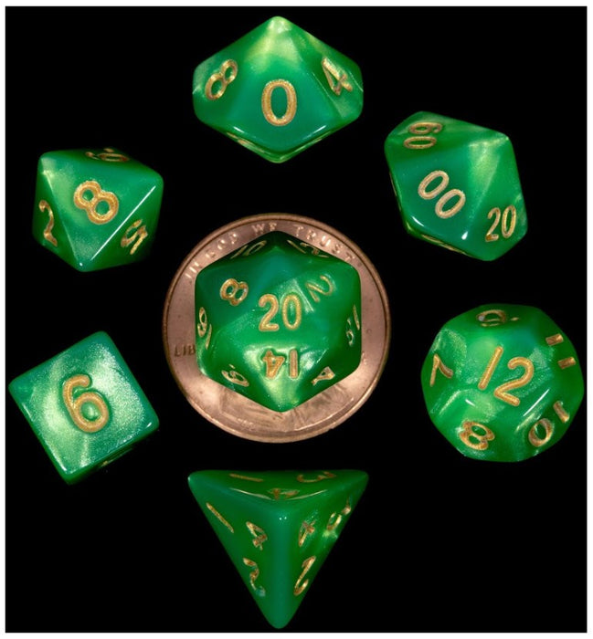 10mm Mini Polyhedral Dice set: Green/Light Green w/ Gold NumbersGreen/Light Green