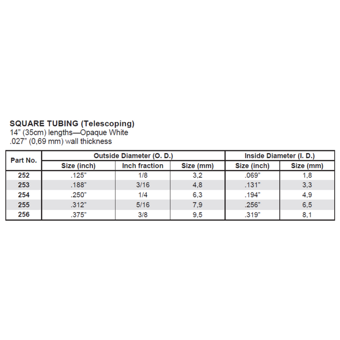 Evergreen 253 Square Tubing 0.188 Sq.  x 14 in (4.8 x 350 mm)
