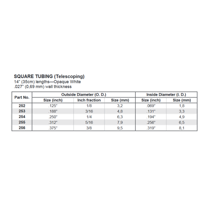 Evergreen 252 Square Tubing 0.125 Sq.  x 14 in (3.2 x 350 mm)
