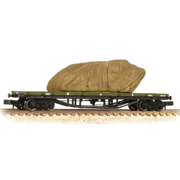 Graham Farish [N] 373-928 30T Bogie Bolster WD Khaki Green With Sheeted WW1 Tank Load