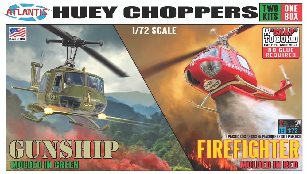 Atlantis Models M1026 1:72 Huey Chopper 2 Pack Fire Fighter and Vietnam Gunship Snap-kit