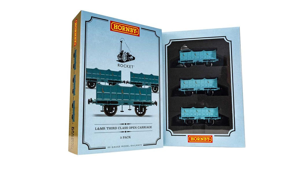 Hornby R40102 OO Open Carriage Pack containing 3x Open Carriages (Stephenson's Rocket)